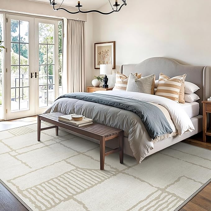 Bavni 8x10 Area Rugs, Abstract Modern Living Room Rugs, Large Machine Washable Rug Non-Slip, Soft Pet Friendly Rugs for Bedroom, Playroom, Dining Room, Abstract Cream