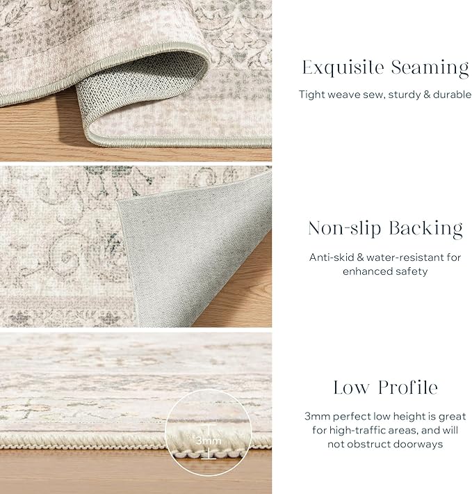 Phantoscope Hallway Runner Rug 2'x8' - Boho Washable Non-Slip Kitchen Rug Runner, Ultra-Thin Vintage Distressed Accent Throw Rug for Entryway Laundry Bathroom Bedroom, Beige/Neutral