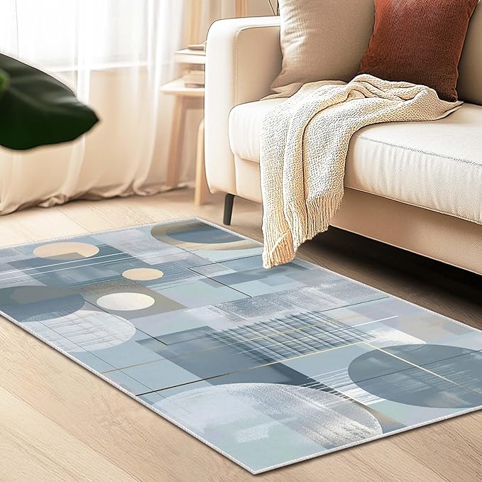 3x5 Entryway Rug Abstract Minimalist Circle Blue Small Area Rug Bedroom Bedside Thin Carpet Bathroom Non Slip Indoor Entrance Low Pile Door Mat Kitchen Stain Resistant Washable Machine