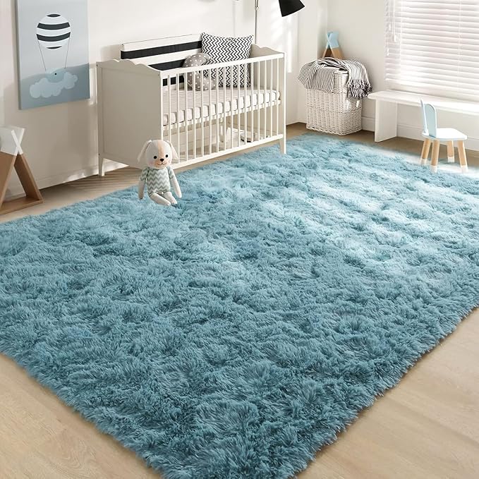 YJ.GWL Area Rugs for Living Room Bedroom, 3x5 Machine Washable Small Teal Bedside Rug, Soft Fluffy Shaggy Thick Shag Indoor Floor Carpet for Kids Boy and Girls Room Preppy Dorm Home Decor Aesthetic