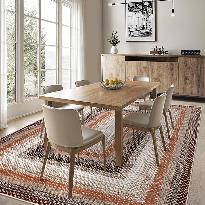 Imitation Braided Collection-Print Large Washable Area Rug 8x10 Living Room Rug Non-Slip Soft Contemporary Bordered Accent Carpet, Farmhouse Low Pile Floor Mat for Bedroom, Dining Room