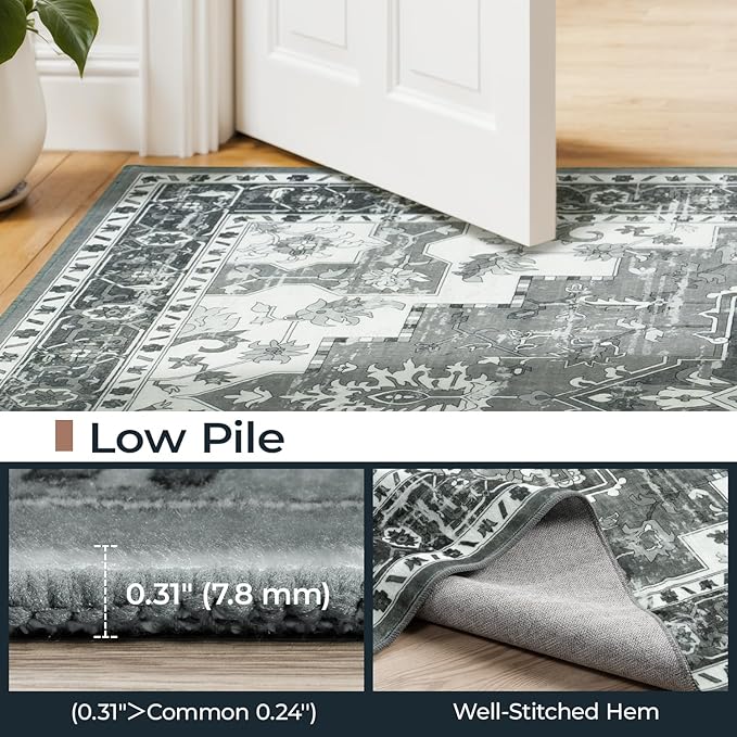 2x6 Runner Rug, Non-Slip Washable for Kitchen Hallway, Soft Low-Pile Area Rugs, Vintage Traditional Floral Aesthetic Carpet, Stain-Resistant Durable, Non Shedding Bedroom Bathroom Decor, Ash Grey