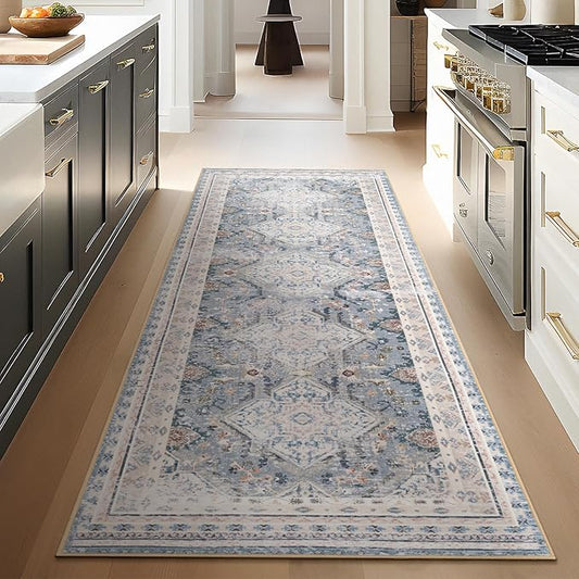 Phantoscope Hallway Runner - Boho Washable Non-Slip Kitchen Rug, 2'x6', Ultra-Thin Vintage Distressed Accent Throw for Entryway, Laundry, Bathroom, Bedroom, Dusty Blue/Multi