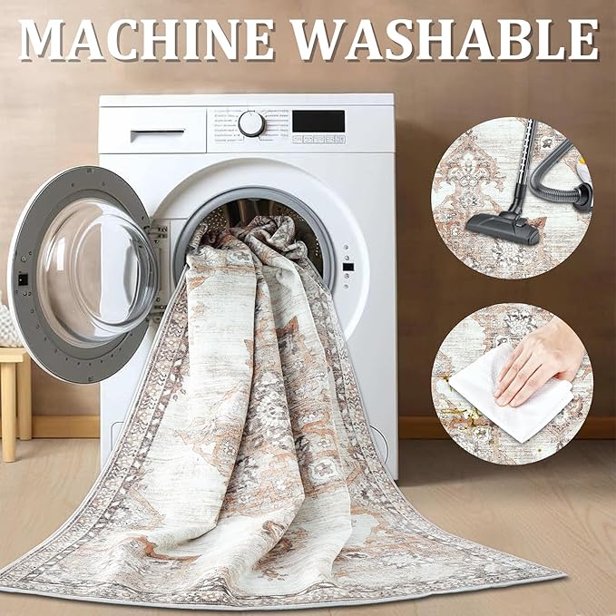 2x6 Rug Runner Rugs: Washable Boho Vintage Kitchen Hallway Rug Indoor Medallion Soft Non Slip Ultra Thin Non-Shedding Front Door Mat for Entryway Kitchen Bedroom (Brown, 2' x 6')