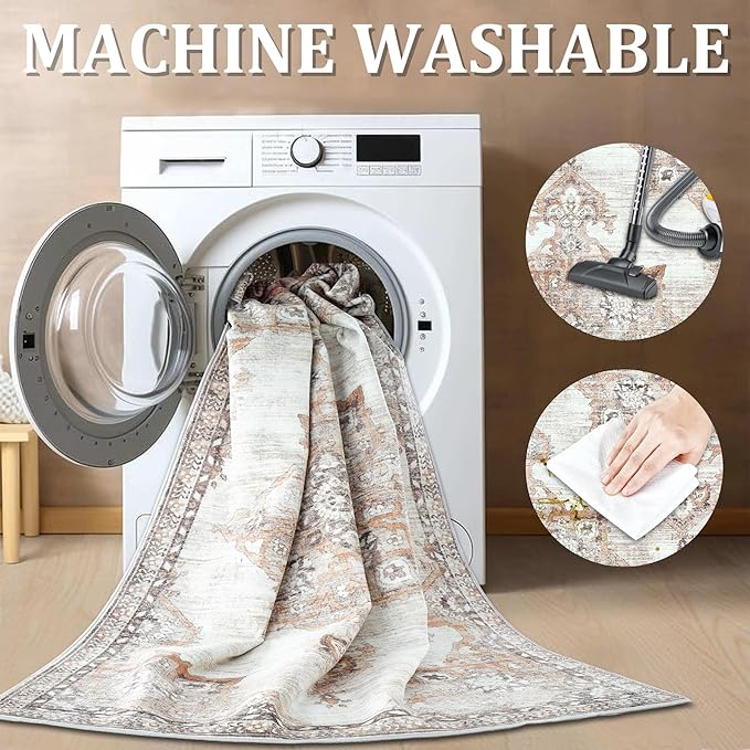 2x3 Rug Entryway Rugs: Washable Boho Vintage Small Rug Indoor Medallion Soft Non Slip Ultra Thin Non-Shedding Front Door Mat for Kitchen Bedroom (Brown, 2' x 3')