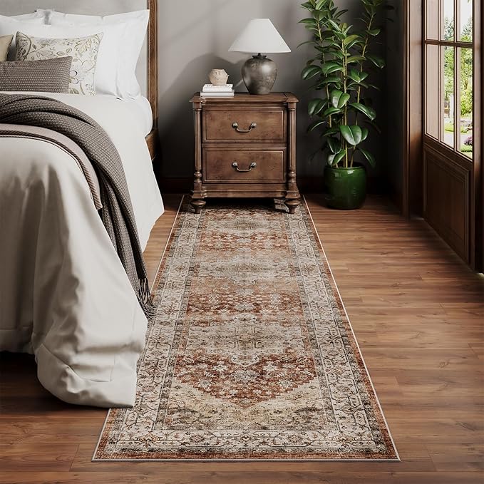 Dripex 2x8 Runner Rug, Machine Washable Non Slip Area Rug,Boho Kitchen Runner Rug, No Pile Lightweight Vintage Rug, Floor Carpet for Entryway, Hallway, Kitchen and Corridor,Rust Red and Multi