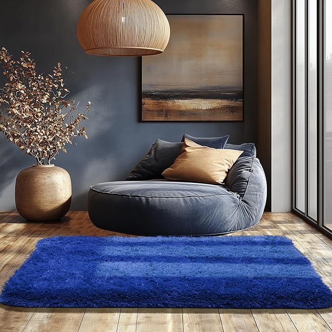 Zentavio Rugs for Boys Room Blue 3x5 Area Rugs for Living Room Small Navy Carpet for Bedroom Washable Soft Fluffy Shag Aesthetic Plush High Pile Throw Rug for Nursery Kids Room Dorm Room