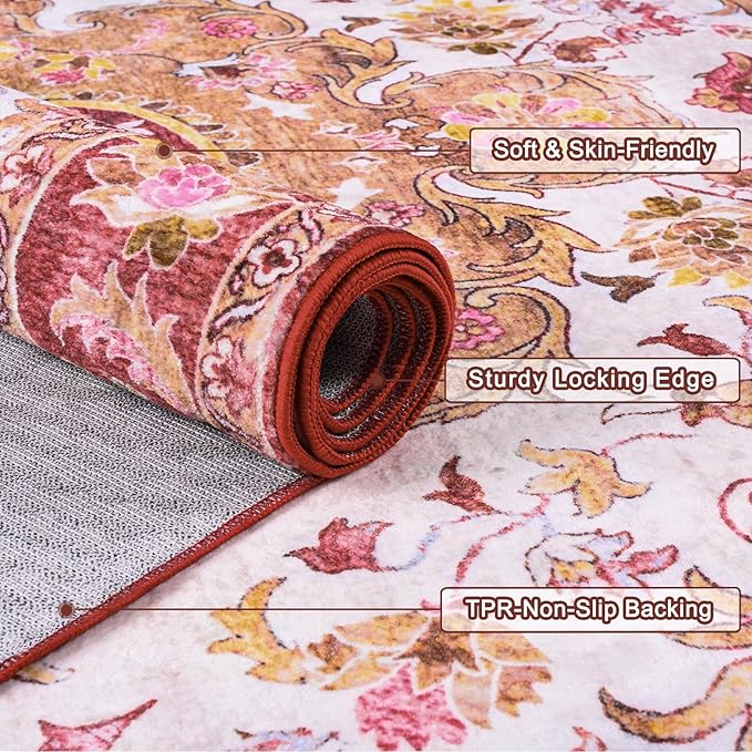 4x6 Area Rugs for Living Room, Foldable Machine Washable Rug, Soft Low Pile Non-Slip Vintage Floral Rug, Carpet for Bedroom, Dining Room, Bedside, Farmhouse, Office, Dorm (Red, 4'×6')