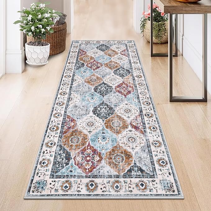 HEBE Hallway Runner Rug 2'x5' Washable Vintage Distressed Area Rugs Non Slip Laundry Rug Runner Boho Floor Carpet Runners for Hallways Entryway Laundry Room Kitchen Bathroom