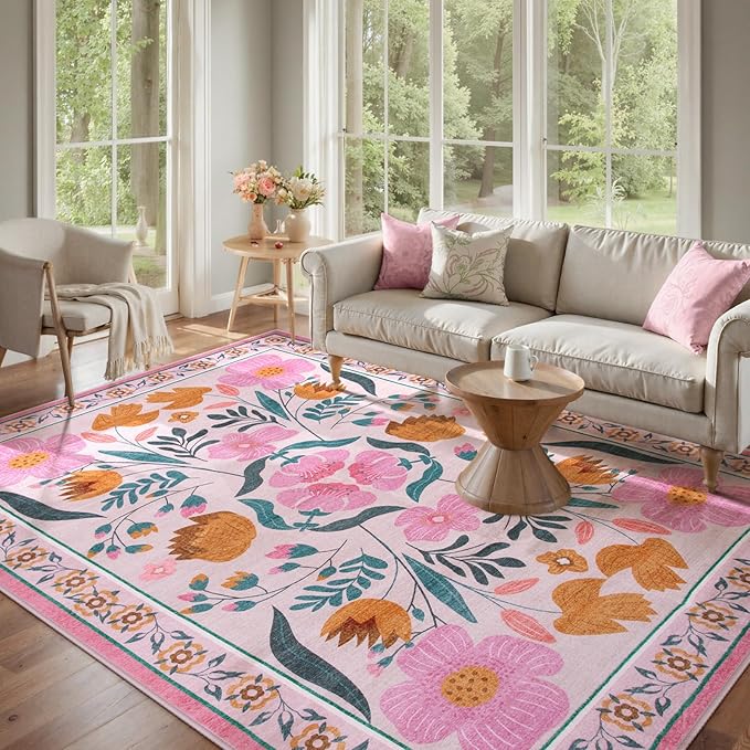 Beeiva Floral Pink Rugs for Living Room 8x10, Soft Washable Area Rugs Ultra Thin with Low Plie, Large Non Slip Throw Carpet for Bedroom Nursery Dining Room (Pink,8'x10)