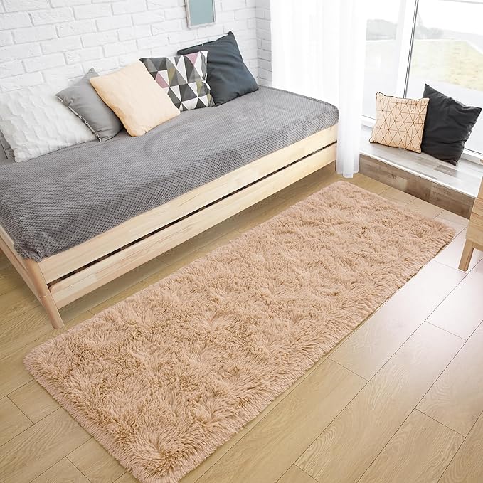 Tepook Soft Runner Rugs for Bedroom 2x6 ft with Rubber Backing, Beige Fluffy Rugs for Living Room, Shag Bedside Rug Fuzzy Plush Carpet for Room, Area Rug for Dorm Nursery Hallway Indoor Home Decor