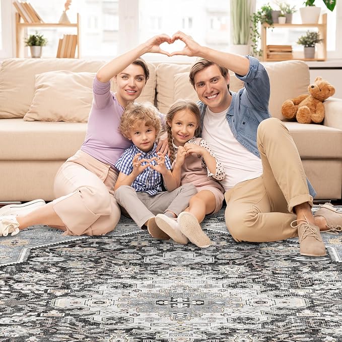 Washable Area Rug 9x12 - Bedroom Living Room Large Indoor Rugs Soft Vintage Oriental Rugs Non-Slip Backing Stain Resistant for Farmhouse Kitchen (Slate Grey/Black 9x12)