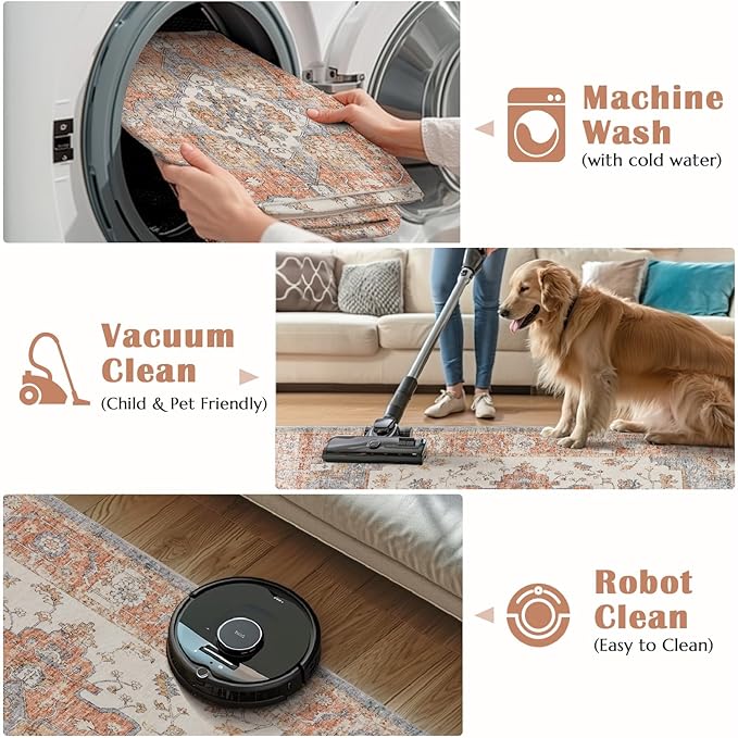 jinchan Runner Rug 3x10 Vintage Hallway Runner Boho Washable Rug Floral Medallion Retro Non Slip Classic Thin Soft Carpet for Kitchen Bedroom Bathroom Laundry Room Doorway Brick Red