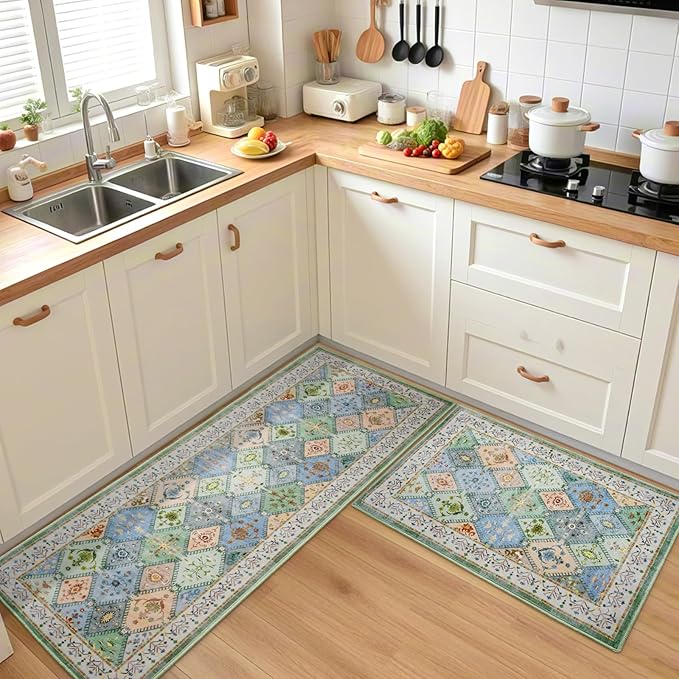 2x3 Small Washable Area Rug for Entryway, Green Boho Non-Slip Indoor Kitchen Rugs, Moroccan Floral Trellis Carpet Soft Low Pile Vintage Throw Mat for Bedroom Bathroom Front Door