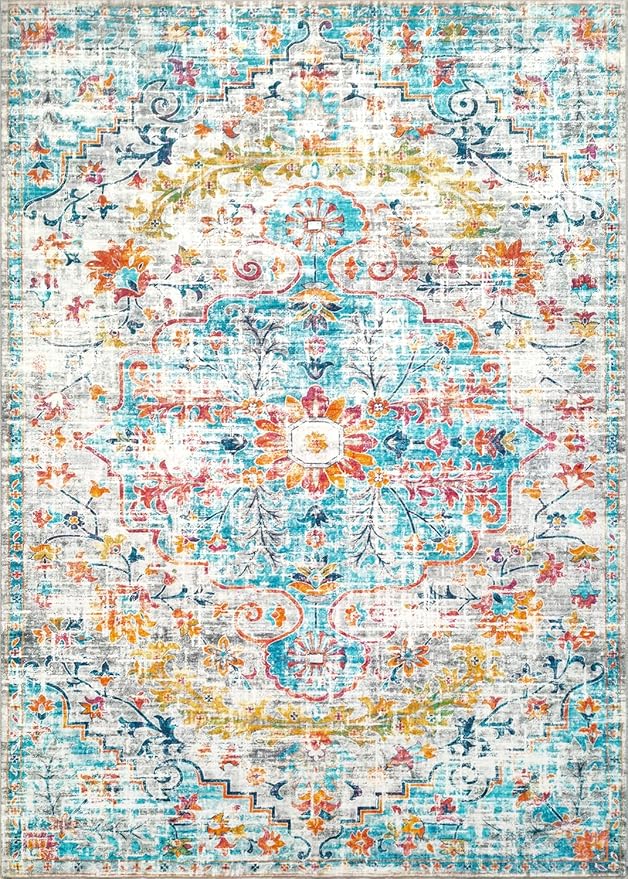 8x10 Area Rugs - Bohemian Area Rug for Bedroom | Non slip and Ultra Soft Machine Washable Rug for Indoor & Outdoor Use | Boho Rug for Living Room, Dining Room and Home Décor - Blue and Multi