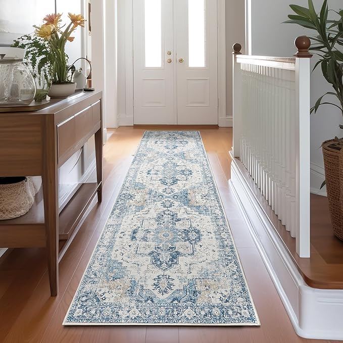 jinchan Runner Rug 2x10 Hallway Rug Kitchen Washable Runner Vintage Mat Retro Print Lightweight Non-Slip Floor Cover Distressed Thin Carpet for Entryway Bathroom Bedroom Laundry Room Stairway Blue