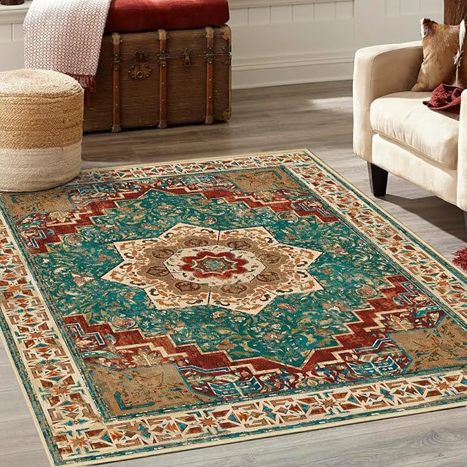 Washable Area Rug 3x5 Boho Entryway Rug Non Slip Soft Teal Rust Vintage Kitchen Rug Oriental Distressed Living Room Bedroom Rugs Indoor Floor Carpet for Bathroom Dining Room Office Entrance