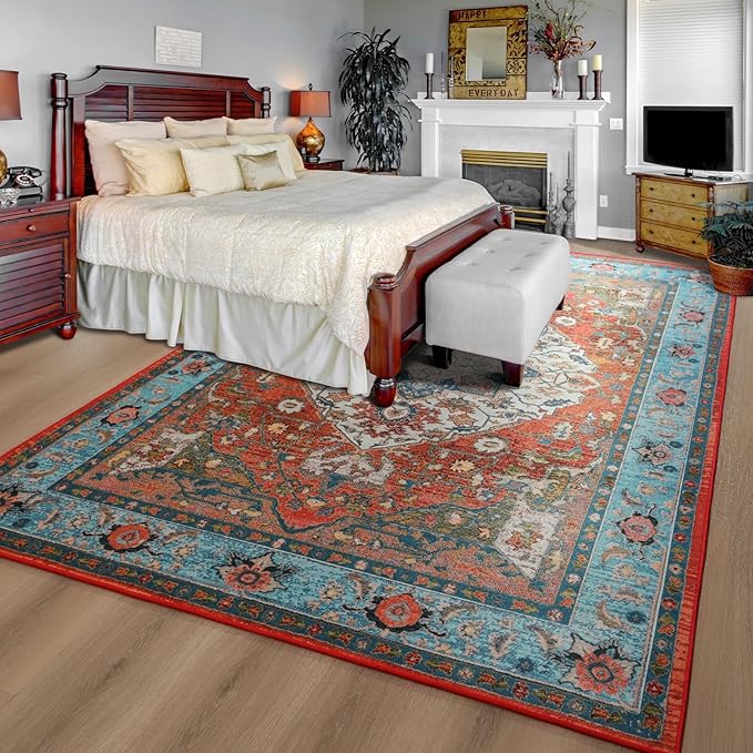 YJ.GWL Area Rug for Living Room, 4x6 Machine Washable Boho Rug for Bedroom, Low Pile Lightweight Thin Rugs Floral Vintage Distress Print Pattern Carpet for Dining Room, Red/Blue
