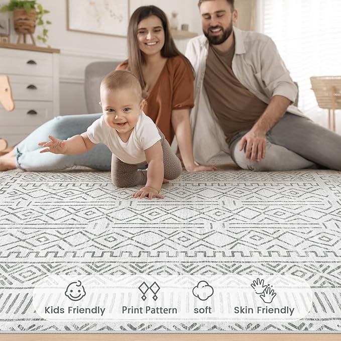 2x3 Rug Entryway Rugs: Washable Boho Small Geometric Moroccan Printed Pattern Rug Modern Indoor Soft Non Slip Ultra Thin Front Door Mat for Kitchen Bedroom (BeigeGray, 2'x3')