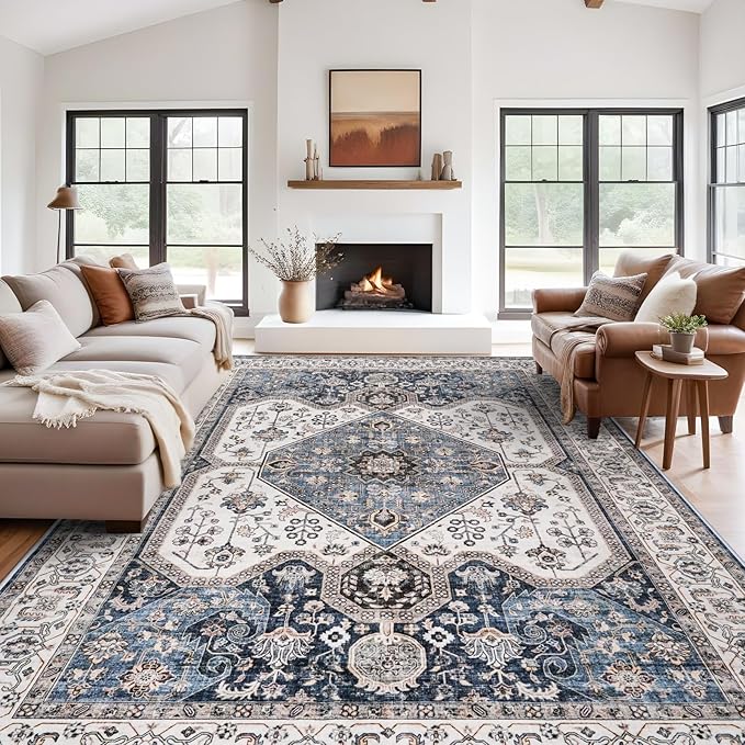 RUUGME Large 10x14 Area Rugs - Large Boho Rugs for Living Room Stain Resistant Carpet Vintage Tribal Rugs for Bedroom Kitchen with Non Slip Backing Decor Floor Decoration Mat 10x14 Navy/Blue