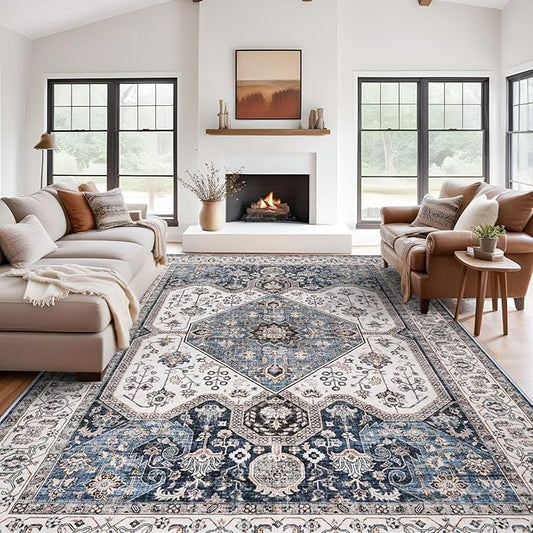RUUGME Large 10x14 Area Rugs - Large Boho Rugs for Living Room Stain Resistant Carpet Vintage Tribal Rugs for Bedroom Kitchen with Non Slip Backing Decor Floor Decoration Mat 10x14 Navy/Blue