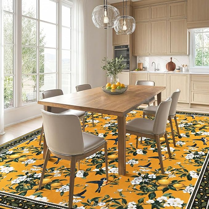 ASPMIZ Mustard Yellow Area Rug 8x10 Vintage Floral Large Rugs for Living Room Washable Lemon Throw Rugs Non Slip Foldable Soft Low Pile Floor Carpet for Bedroom Kitchen Dining Room Nursery Office
