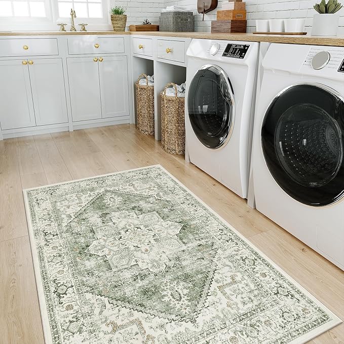 LIVEBOX Washable Area Rug 3x5 - Vintage Tribal Non-Slip Indoor Rug for Kitchen Entryway, Low-Pile Front Door Mat Print Distressed Accent Throw Rug for Bedroom Entry Foyer Laundry Room, Sage
