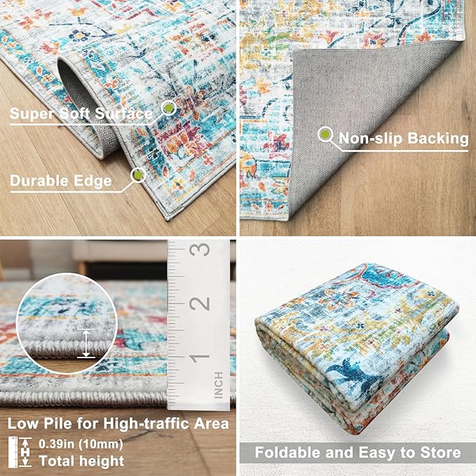 8x10 Area Rugs - Bohemian Area Rug for Bedroom | Non slip and Ultra Soft Machine Washable Rug for Indoor & Outdoor Use | Boho Rug for Living Room, Dining Room and Home Décor - Blue and Multi