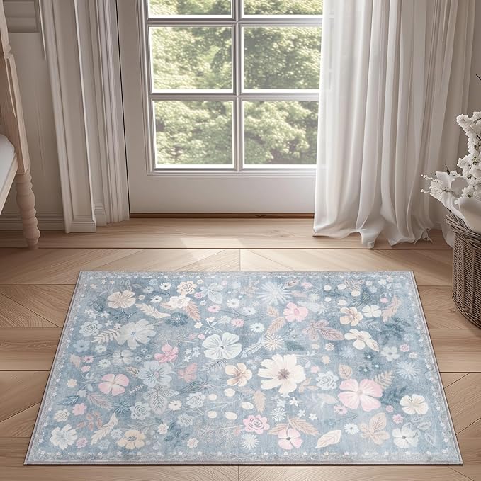 Washable Rugs 2x3 Throw Rugs for Entryway Non Slip Stain Resistant Doormat Light Blue Low Pile Faux Fur Farmhouse Boho Floral Area Rugs for Front Door Kitchen Bed Bedside Pet Home Decor
