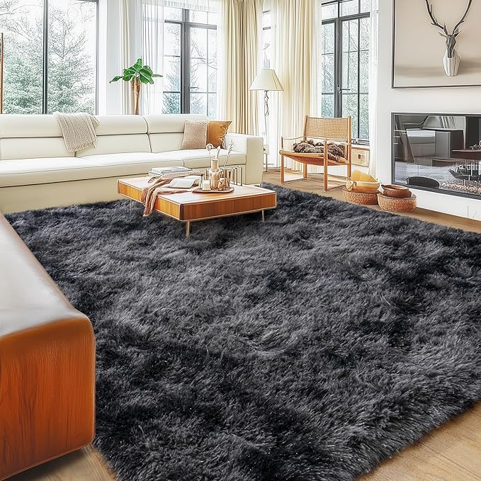 Large Area Rugs for Living Room, 9x12 Feet Tie-Dyed Black Grey Shaggy Fluffy Throw Carpets, Ultra Soft Plush Modern Indoor Fuzzy Rugs for Bedroom Kids Room Nursery Dorm Home Decor