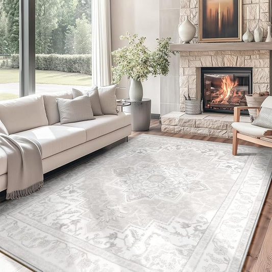BESTSWEETIE 9x12 Area Rugs for Living Room, Washable Ultra Soft Boho Vintage Print Pattern Rug Non Slip Low Pile Carpet for Dining Room Bedroom Entryway Indoor-Light Grey