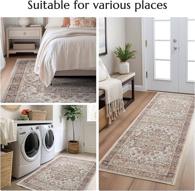 jinchan Area Rug 4x6 Washable Soft Thin Vintage Low Pile Non Slip Distressed Carpet Indoor Oriental Medallion Rug for Bedside Bathroom Bedroom Laundry Room Dining Room Taupe Multi