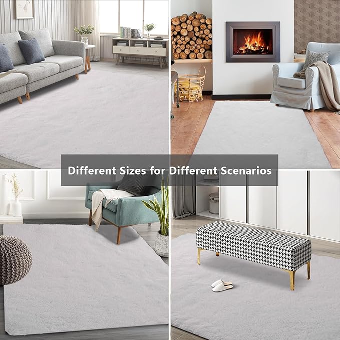 Shag Area Rugs for Living Room 8X10 Ultra Soft Fluffy Area Rugs for Bedroom Dorm, Indoor Carpet Nursery Rugs for Kids Girls Room Home Decor,White