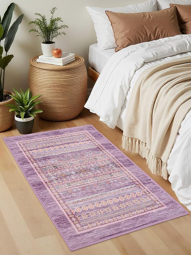 2x3 Small Rugs for Bedroom, Washable Aztec Geometric Indoor Entryway Door Rug with Non-Slip Backing, Soft Moroccan Throw Rug Western Carpet for Kitchen Home Office, Purple & Pink