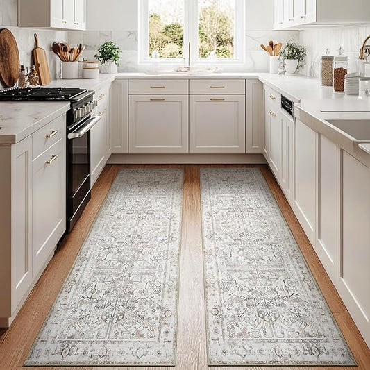 jinchan Kitchen Runner Rug 2x10-2pcs, Bohemian Hallway Rug Washable Floral Non Slip with Rubber Backing Vintage Carpet Runner for Bedroom Bathroom Laundry Room Living Room Taupe