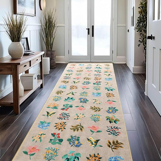 2x6 Floral Runner Rug Soft Non-Slip Machine Washable Kitchen Rug Runners for Hallway Bedroom Laundry Entrance Indoor Carpet, Beige Flower Accent Throw for Girls Room