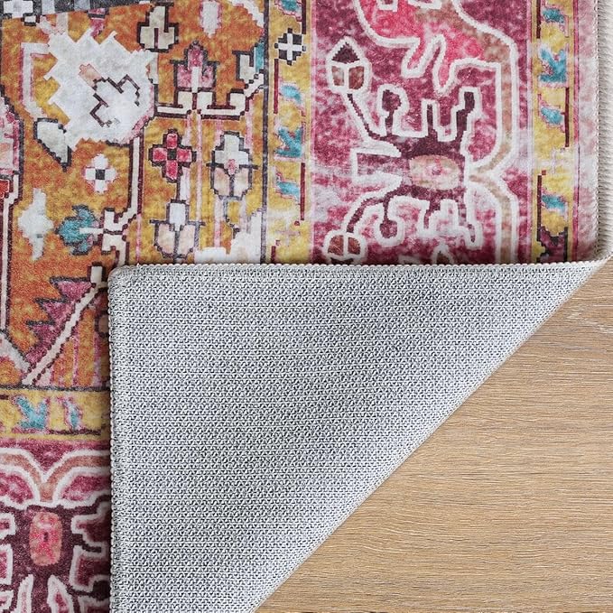 Washable Area Rugs 3x5, Low Pile Carpet, Non-Slip Vintage Distressed Rug for Bedroom, Living Room, Dining Room, Entryway, Magenta