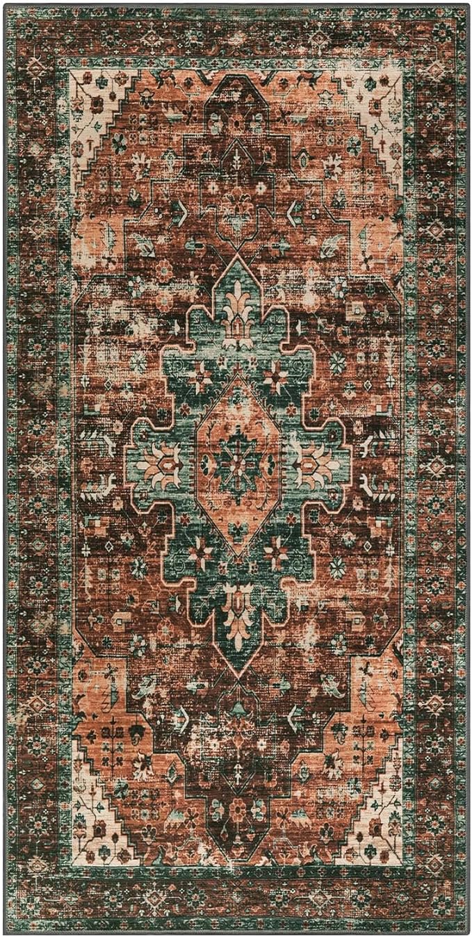 Moynesa Ultra-Thin Washable Rug - 2x4 Laundry Room Rug Non-Slip Kitchen Runner, Vintage Stain Resistant Non-Shedding Carpet for Bathroom, Living Room, Hallway, Brown