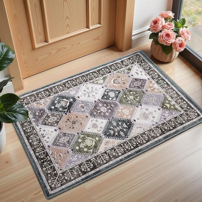 2x3 Small Washable Area Rug for Entryway, Boho Non-Slip Indoor Kitchen Rugs, Moroccan Floral Trellis Carpet Soft Low Pile Vintage Throw Mat for Bedroom Bathroom Front Door, Teal/Grey
