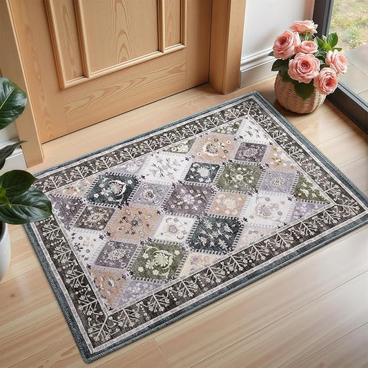 2x3 Small Washable Area Rug for Entryway, Boho Non-Slip Indoor Kitchen Rugs, Moroccan Floral Trellis Carpet Soft Low Pile Vintage Throw Mat for Bedroom Bathroom Front Door, Teal/Grey