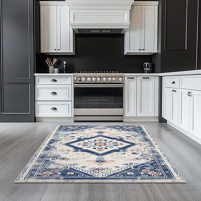 4x6 Rug Vintage Oriental Navy Blue Boho Beige Area Rug Bedroom Thin Low Pile Large Carpet Living Room Non Slip Dining Room Office Stain Resistant Washable Machine