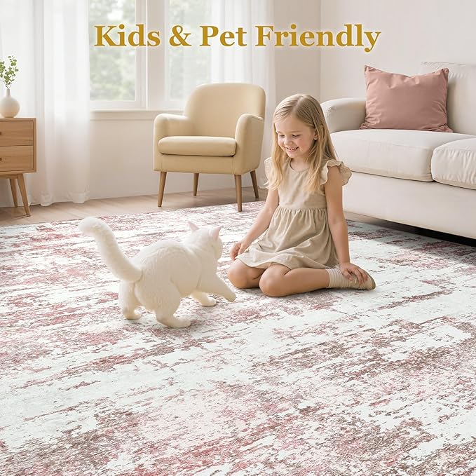 Area Rugs for Living Room: 5x7 Abstract Washable Rug Modern Neutral Large Soft Stain Resistant Non-Slip Backing Machine Table for Bedroom Dining Room Indoor Home Office Carpet - Pink