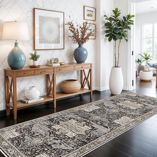 RUUGME Washable 3X8 Runner Rugs - Large Boho Rugs for Living Room Stain Resistant Carpet Vintage Tribal Rugs for Bedroom Kitchen Bathroom Non Slip Backing Home Decor Floor Decoration Mat 3X8 Black