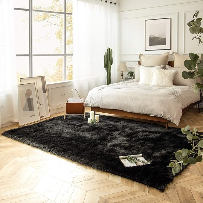Ashler Faux Fur Rug, Fluffy Shaggy Area Rug Ultra Soft 5 x 7 Feet Rectangle Fur Rug Black Fuzzy Rug Machine Washable Shag Rug, Nursery Decor Throw Rugs for Bedroom, Kids Room, Living Room