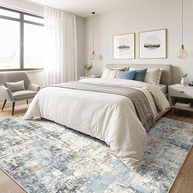 10x12 Area Rug Living Room: Washable Large Abstract Modern Soft Rugs Stain Resistant Indoor Floor Non Slip Accent Carpet for Bedroom Nursery Playroom Office Dining Room Dorm Home House- Light Blue