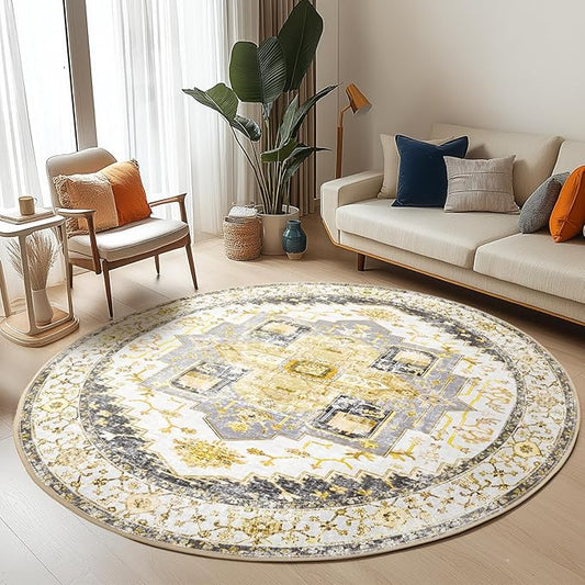 Washable 6ft Area Rugs, Rugs for Living Room, Low-Pile Water&Stain Resistant Carpet Vintage Distressed Printed Non-Slip Carpet for Bedroom Bathroom Kitchen-Grey Yellow