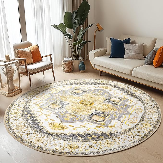 Washable 8ft Area Rugs, Rugs for Living Room, Low-Pile Water&Stain Resistant Carpet Vintage Distressed Printed Non-Slip Carpet for Bedroom Bathroom Kitchen-Grey Yellow