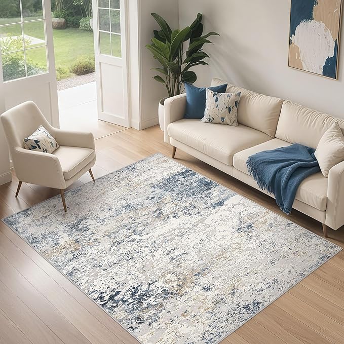 Washable Area Rug: 3x5 ft Abstract Small Rugs for Entryway Kitchen Living Room Bedroom - Non Slip Modern Neutral Carpet Indoor Front Door - Beige Blue
