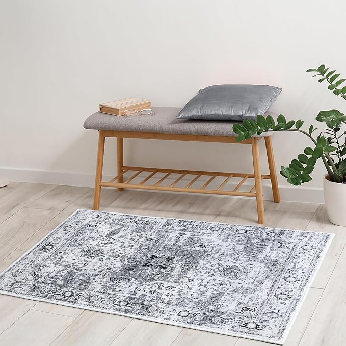 Keeko Small Rugs for Entryway, 2x3 Grey Living Room Area Rug Vintage Door Mat Accent Bedroom Bedside Rug Indoor Low Pile Retro Non Slip Front Door Print Throw Rugs for Kitchen Laundry Room Decor