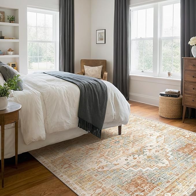 Kokia Washable Area Rugs 5x7 Living Room Boho Non Slip Thin Carpet Stain Resistant Vintage Orange Printed Oriental Distressed Rug for Bedroom Low Pile